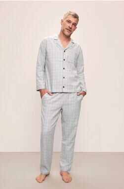 Eberjey Wintercheck Heather Grey/Ivory Men's Flannel Long PJ Set size Large